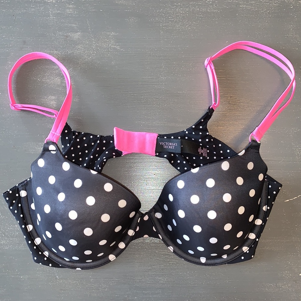 Victoria's Secret Black & White Polka Dot Push-Up Bra with Pink Straps 36C